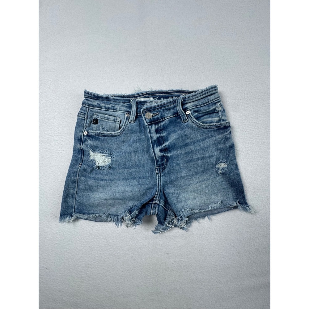Distressed KanCan Womens Size 3/25 Denim Shorts Blue Asymmetrical‎ Crossover Hem